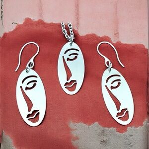 🆕 Human Face Laser Cut Necklace and Earrings Set Stainless Steel
